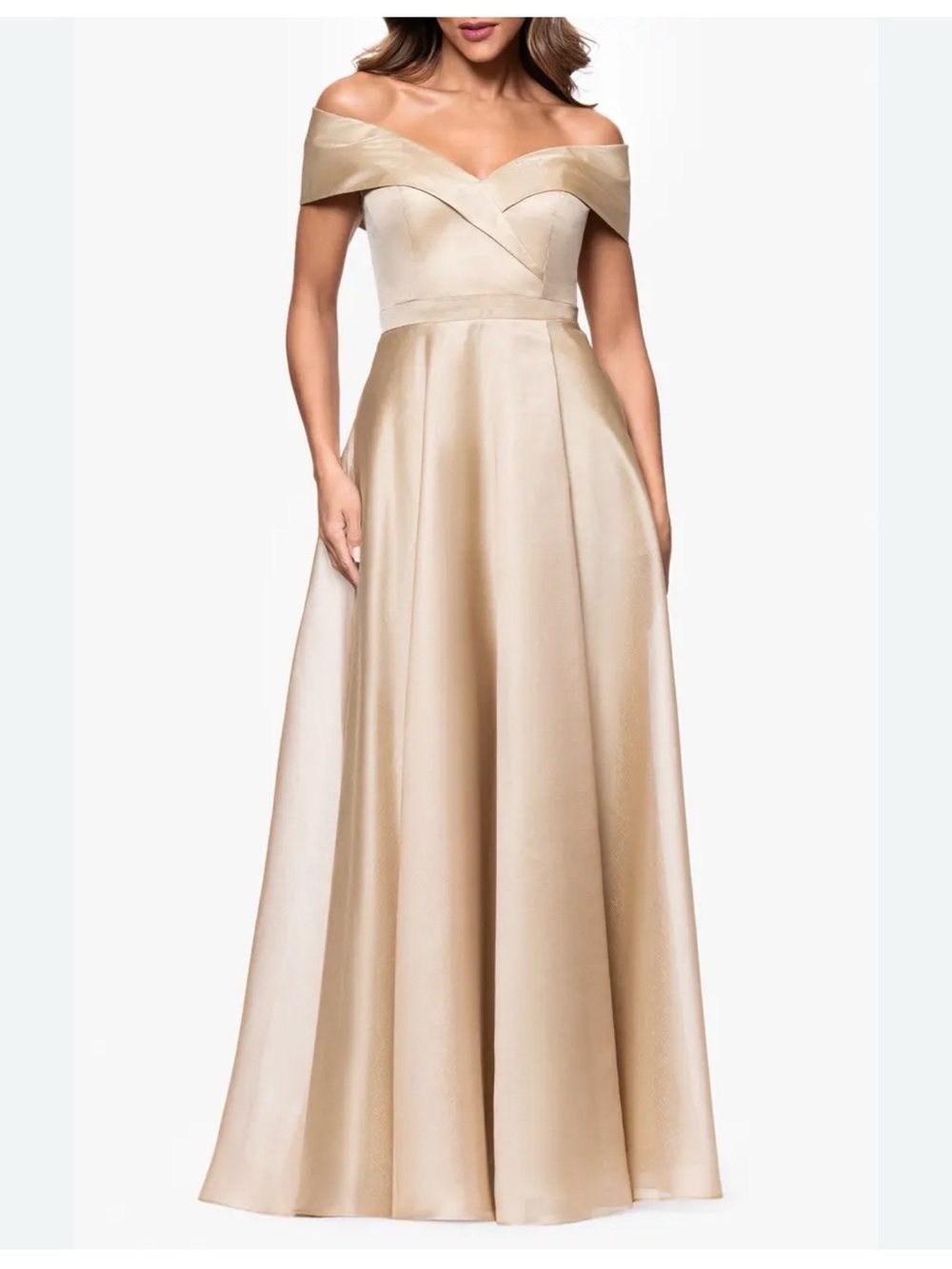 Mori Lee One-Shoulder Champagne Satin Evening Gown